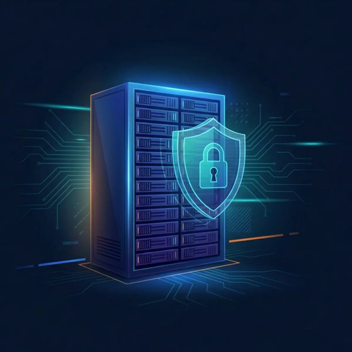 Server rack with shield protection symbolizing VPN privacy in the Netherlands